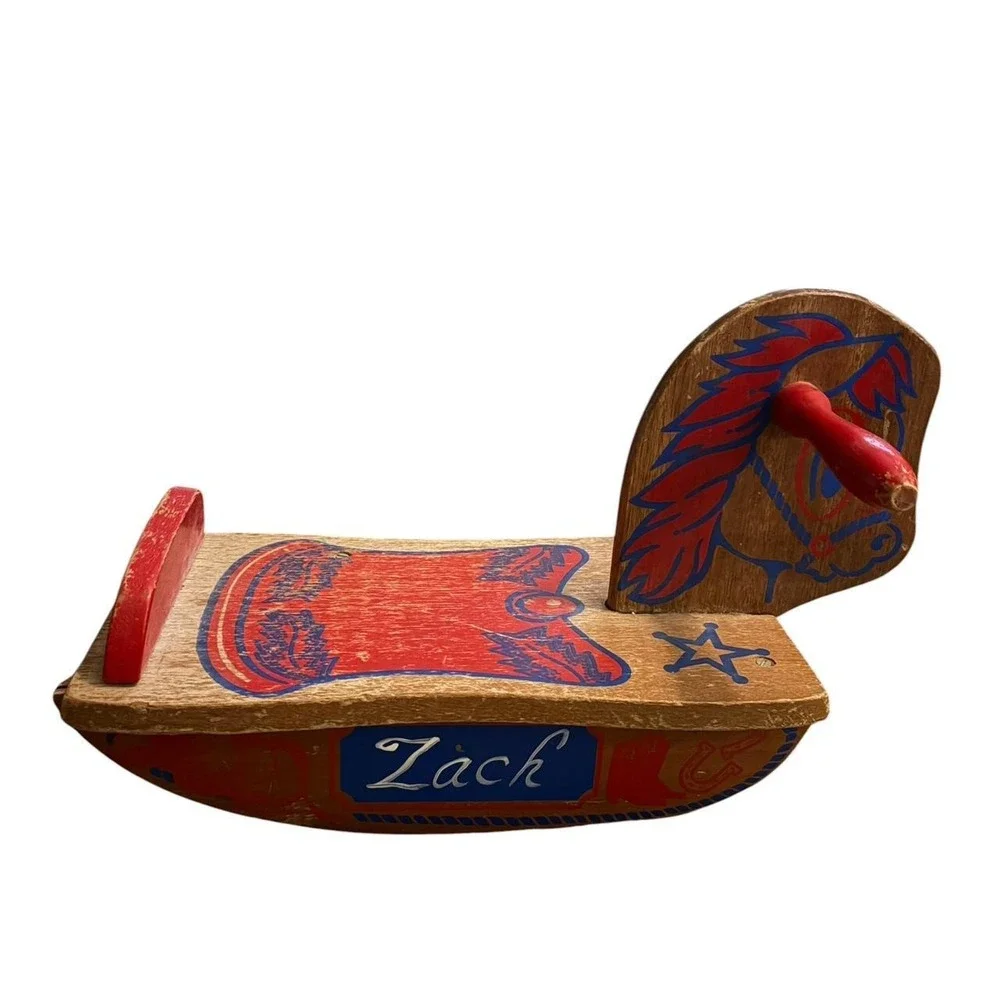 Vtg 80's Handmade wooden rocking horse with red/blue horse graphic